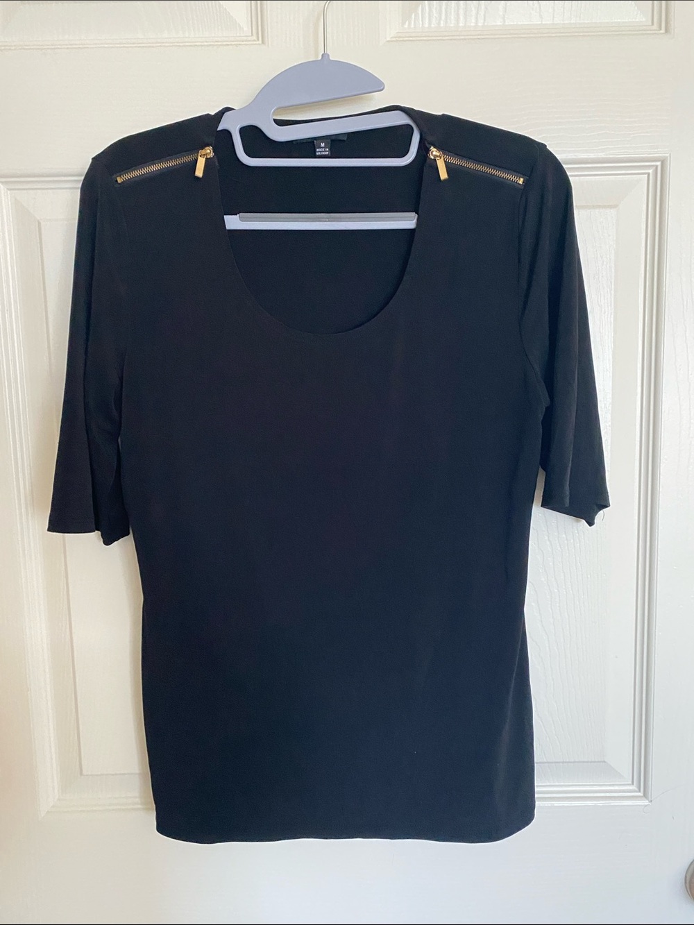 Premise Studio Black Short Sleeve Top with Gold Shoulder Zippers